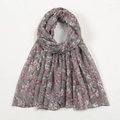Lightweight grey voile scarf with pink and white floral print on a white background - Grey Pink White Floral