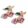 Pink crystal cherry pendants with gold finish and green leaf stones for jewelry DIY - Pink Crystal Cherry
