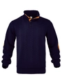 Dettaglio della maglia Henley blu scuro con toppe sui gomiti e colletto arancione - S / Blu navy