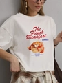 White cotton t-shirt featuring French Breakfast print and casual loose fit for women - S / White