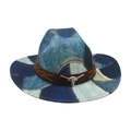 Vintage patchwork denim cowboy hat with leather band and silver bull head ornament - One Size / Royal Blue (M Denim White Bull Head)