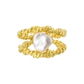 Anello in argento S925 dorato con design a corda e perla barocca centrale in stile sobrio - Aperto Regolabile / Oro 18K
