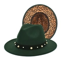 Close-up of wool jazz hat featuring white pearls, gold rivets and leopard print brim - M (56-58cm) / Dark Green