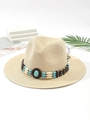 Cappello Panama in paglia con fascia di perline turchesi boho e finitura naturale - M (56-58cm) / Colore Originale