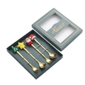Golden 4-piece Christmas cutlery set with festive Santa and tree toppers in a gift box - Gold Spoon and Fork 4-Piece Set - Green Box