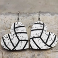 Handmade heart-shaped volleyball pattern leather earrings with vintage distressed finish - Volleyball