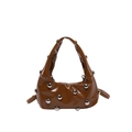 Detail view of brown glossy leather underarm bag with large silver ball rivets - Brown
