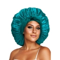 Detail showing high-gloss satin texture and adjustable elastic edge of the turquoise bonnet - Medium Single Layer Ribbon / Dark Green