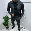 Detail of dark grey textured twill fabric on men's casual two-piece jacket and pants set - Dark Gray