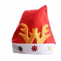 Red Christmas hat with golden reindeer antlers and colorful snowflake patterns - Gold Sequin Reindeer Kids Style