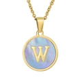 Collier en acier inoxydable 18K avec pendentif rond en nacre bleue et lettre W - Lettre W (Chaîne Incluse)