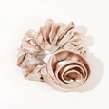 Elegant champagne satin rose flower scrunchie hair tie with glossy silk texture - Khaki