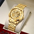 Golden automatic mechanical dragon watch with stainless steel strap in premium red gift box - Gold Case Gold Dial Steel Band