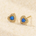 S925 silver heart stud earrings featuring blue synthetic opal and zircon halo in gold finish - 925 Silver / Golden (Blue Opal)