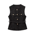 Black tweed vest with gold buttons and matching belt shown on plain white background - Black
