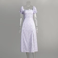 Detail of square neckline and puff sleeves on white floral maxi dress with side split - S / Purple Floral