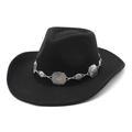 Classic black wool felt cowboy hat with decorative silver metal chain on a white background - Black