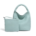 Light blue woven leather tote bag set including a hobo shoulder bag and a matching pouch - Crystal Blue