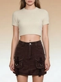 Detailed view of dark brown denim cargo skirt with large utility pockets and metal D-ring - S / Coffee