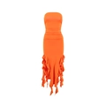 Detailed view of the orange strapless dress with ruched fabric and ruffled hemline - S / Orange