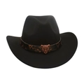 Black felt cowboy hat with leopard print band and bronze leopard head metal ornament - Adult [56-58cm] / Black