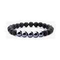 Close-up of 8mm natural lava rock beads and metallic hematite stones on an elastic bracelet - Lava Stone & Hematite