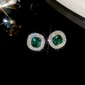 Vintage emerald square stud earrings with halo diamonds and sterling silver needles - Silver Earring Post - Gold - Green