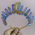 Detail of blue aura quartz crystals and golden crescent moon on handmade crown headband - Blue Purple Crystal Moon Star