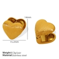 Golden heart-shaped stainless steel earrings with striped texture and dimension details - Heart Style (EH643) / Gold