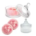 Pink plush powder puff set with satin bow and striped glass storage canisters - Glass Jar Set / 2 x Pink