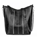 Retro black PU leather tote bag with silver rivets and metal chain strap on white background - Style 3 / Black
