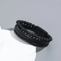 Men's multi-layer black leather woven bracelet with natural lava stones and magnetic clasp - Matte Black Beads/Lava Stone/Black Leather / Black