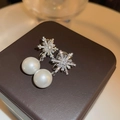 Close-up of snowflake earrings featuring sparkling zircons and a large white pearl drop - Ear Clips (Silver Snowflake Style)