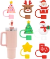 6-pack Christmas silicone straw covers for 10mm Stanley cups with pink tumbler set - 7-Pack Set