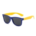 Kids' color-blocked sunglasses featuring a deep royal blue frame and bright yellow temples - Blue Frame Yellow Temple/Grey Lens