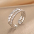 Exquisite double row silver open ring featuring square and round cubic zirconia stones - Silver (657)