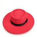 Top view of red felt fedora hat featuring a wide brim and black grosgrain ribbon detail - M(57cm) / Red