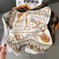 Classic silk scarf with gold chain and tassel print in orange, black, and white design - 70*70cm / 29209-Black White Orange Horsebit