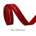 Red 16mm Christmas ribbon with golden Merry Christmas text and green holly leaves print - Red with Gold Text & Holly (Style 4)