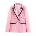 Roze tweed blazer met dubbele rij knopen en zwart contrastrevers voor dames - XS / Roze