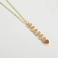 Golden MAMA pendant necklace featuring white zircon and a red heart gemstone charm - MAMA