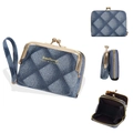 Mini blue and white plaid card wallet with accordion slots and wristlet strap - Dark Blue