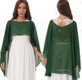 Elegant dark green chiffon evening shawl with lace neckline and lightweight cape design - Dark Green