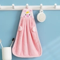 Pink coral fleece pig hand towel with hanging loop for kitchen and bathroom decor - Pig Pink