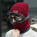 Winter Strickmütze und Schal Set in Dunkelrot mit warmem Fleece-Futter für Herren - Mütze + Halswärmer Set / Dunkelrot
