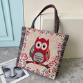 Ethnic embroidered owl tote bag with colorful bohemian straps and cream canvas fabric - Light - Alone Beauty (Single Owl)