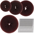 Deep brown mesh bun makers in four sizes with black U-shaped hair pins on white background - 24-Piece Coffee Set / Brown