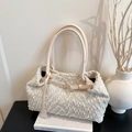 Elegant cream tweed tote bag with leather handles displayed in a minimalist artistic setting - Furry White
