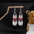 Ethnic silver-toned drop earrings with red rhinestones and metallic feather tassels - Rhinestone with Red Beads Feather Tassel Style (E3572)