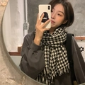 Classic black and white houndstooth scarf with tassels on casual grey hoodie - Houndstooth Black